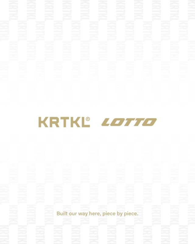 KRTKL x Lotto collaboration announcement graphic — gold KRTKL and Lotto logos with the tagline "Built our way here, piece by piece."