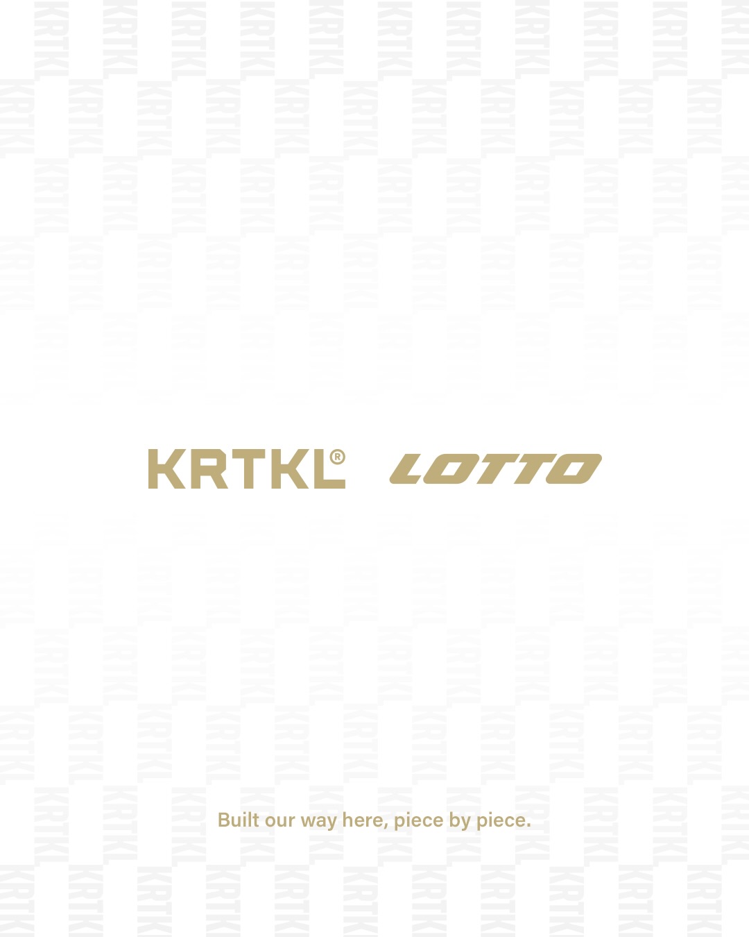 KRTKL x Lotto collaboration announcement graphic — gold KRTKL and Lotto logos with the tagline "Built our way here, piece by piece."