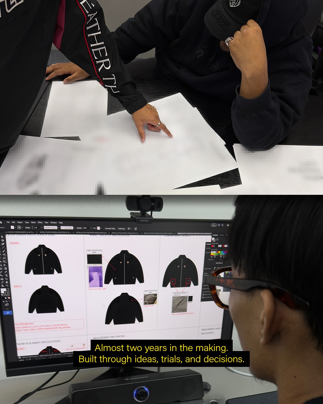 Behind the scenes of the KRTKL x Lotto collab: the team reviewing printouts, and a black track top tech pack open on screen.